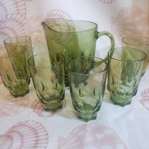 Vintage Green Glass Pitcher Set with 6 Tumblers  Mid-Century Avocado Green
